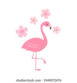 Flamingo bird and Sakura flower isolated on white background vector illustration.