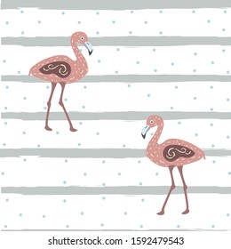 Flamingo Bird Seamless pattern with black stripes and dots. Vector Illustration.