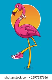 Flamingo bird in setting sun cartoon style