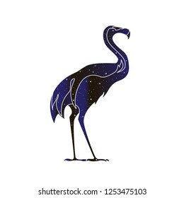 Flamingo bird silhouette. Vector line animal illustration, night sky color silhouette isolated on white background.