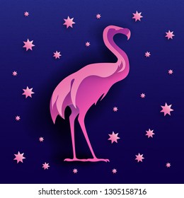 Flamingo bird silhouette. Vector paper cut style animal illustration, kawaii 3D illustration on night sky background.