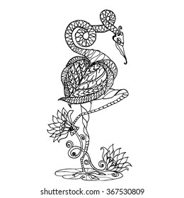 Flamingo bird standing on lotus flowers coloring page in black ink outlines isolated on white background, fantasy tropical fauna creative illustration for adult coloring books