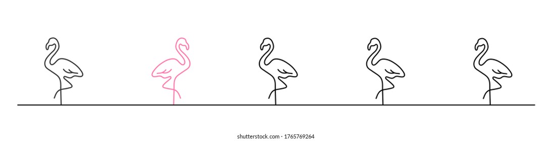 Flamingo bird stands in line with one different flamingo facing the other way and being different, vector line art illustration