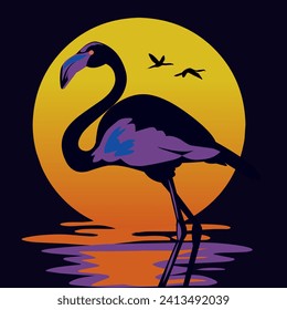 flamingo bird with sun background and 2 flying birds