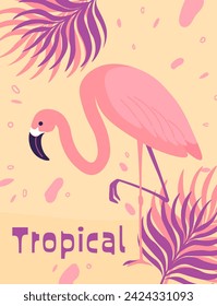 Flamingo bird, tall animal with leaves, tropical and exotic fauna and biodiversity. Avian character with long neck and pink plumage feathers. Cute personage with sharp claws. Vector in flat style