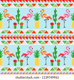 Flamingo bird with tropical cactus and pineapple fruit vector background
