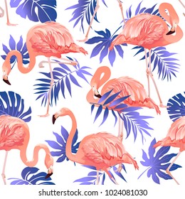 Flamingo Bird and Tropical Flowers Background - Seamless pattern vector