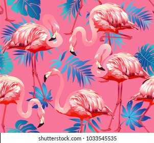 Flamingo Bird and Tropical Flowers Background - Seamless pattern vector