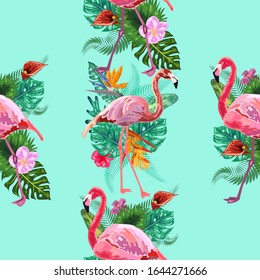 Flamingo Bird and Tropical Flowers Background - Retro seamless pattern.