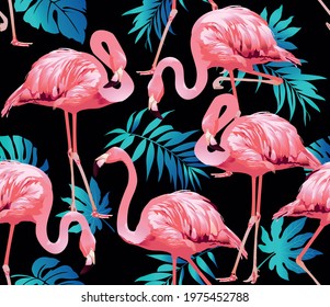 Flamingo Bird and Tropical Flowers Background - Seamless pattern vector