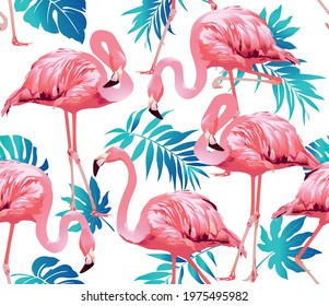 Flamingo Bird and Tropical Flowers Background - Seamless pattern vector