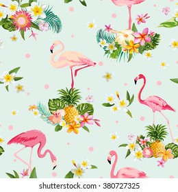 Flamingo Bird And Tropical Flowers Background - Retro Seamless Pattern - In Vector