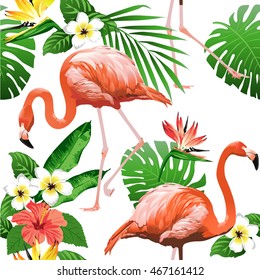 Flamingo Bird and Tropical Flowers Background - Seamless pattern vector