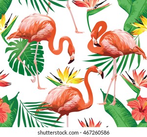 Flamingo Bird and Tropical Flowers Background - Seamless pattern vector