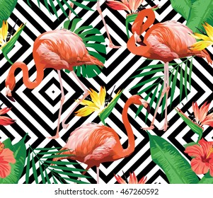 Flamingo Bird and Tropical Flowers Background - Seamless pattern vector