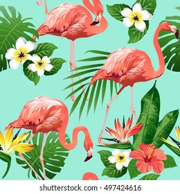 Flamingo Bird and Tropical Flowers Background - Seamless pattern vector