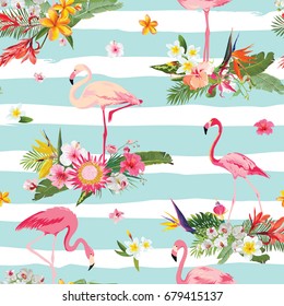 Flamingo Bird and Tropical Flowers Background. Retro Seamless Pattern in vector