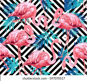 Flamingo Bird and Tropical geometric Background - Seamless pattern vector 