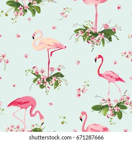 Flamingo Bird and Tropical Orchid Flowers Background. Retro Seamless Pattern in vector