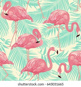 Flamingo Bird and Tropical palm Background - Seamless pattern vector