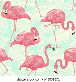 Flamingo Bird and Tropical palm Background - Seamless pattern vector