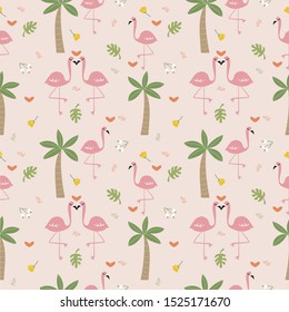 Flamingo bird and variety plants seamless pattern
