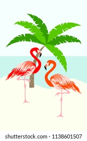 Flamingo bird vector illustration background with tropical leaves and beach