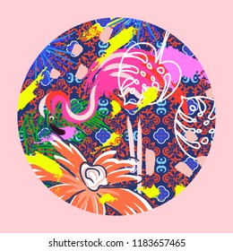 Flamingo bird vector illustration in a circle. Bright exotic colors plate design.