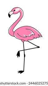 Flamingo bird vector illustration on white background, pink flamingo with black contour line, tropical holiday concept, sticker, badge, label, clip art.