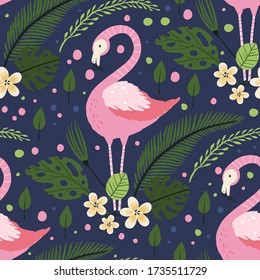 Flamingo bird vector seamless pattern. Cartoon tropical summer background with pink exotic jungle animal, tropic palm and flowers. Kid illustration.