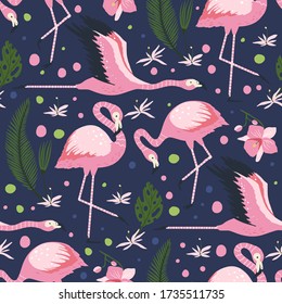 Flamingo bird vector seamless pattern. Cartoon tropical summer background with pink exotic jungle animal, tropic palm and flowers. Kid illustration.