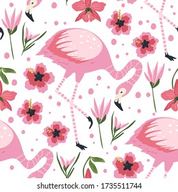 Vector de pájaros Flamingo patrón sin fisuras. Caricatura de fondo tropical de verano con animales rosados de selva exótica, palma trópica y flores. Ilustración infantil.