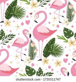 Flamingo bird vector seamless pattern. Cartoon tropical summer background with pink exotic jungle animal, tropic palm and flowers. Mother and baby kid illustration.