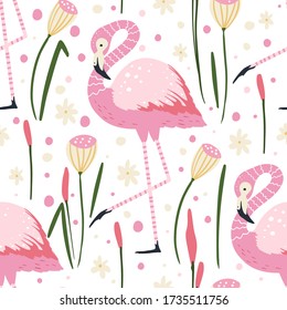 Flamingo bird vector seamless pattern. Cartoon tropical summer background with pink exotic jungle animal, tropic palm and flowers. Kid illustration.