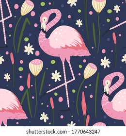 Flamingo bird vector seamless pattern. Cartoon tropical summer background with pink exotic jungle animal, tropic palm and flowers. Kid illustration.