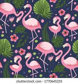 Flamingo bird vector seamless pattern. Cartoon tropical summer background with pink exotic jungle animal, tropic palm and flowers. Kid illustration.