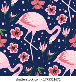 Flamingo bird vector seamless pattern. Cartoon tropical summer background with pink exotic jungle animal, tropic palm and lily flower. Kid illustration.