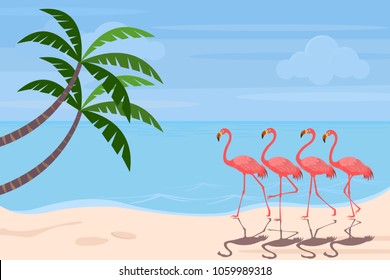 Flamingo bird walking on the beach in summer vector design.