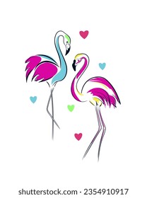 Flamingo birds. Bright tropical, exotic Hawaiian design in vector. The concept of love and fidelity. pink and blue art drawing