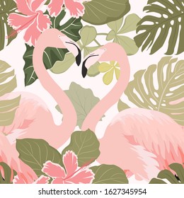 Flamingo birds couple with exotic tropical flowers and leaves. Seamless pattern. Pink and green on white background. Vector design illustration.