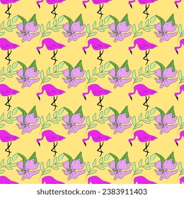 Flamingo birds, exotic flowers, summer, vacation. Vector seamless pattern. Background illustration, decorative design for fabric or paper. Ornament modern 