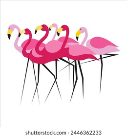 Flamingo birds with long neck and standing on feet and waiting, hand drawn simple silhouette logo illustration. Simple tropical colorful wild bird fishing tropic exotic design decoration. Trendy logo.