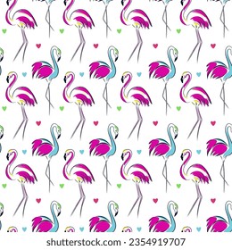 Flamingo birds seamless pattern. Bright tropical, exotic Hawaiian design in vector. The concept of love and fidelity. pink and blue art drawing
