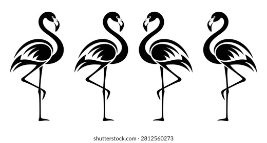 Flamingo Birds Standing in a Row with Elegant Black and White Line Art Design Featuring Bird, Wildlife, Animal with Minimalist