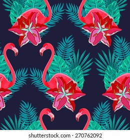 Flamingo birds and tropical hibiscus bright flowers tropical foliage colorful composition hawaiian seamless pattern abstract vector illustration