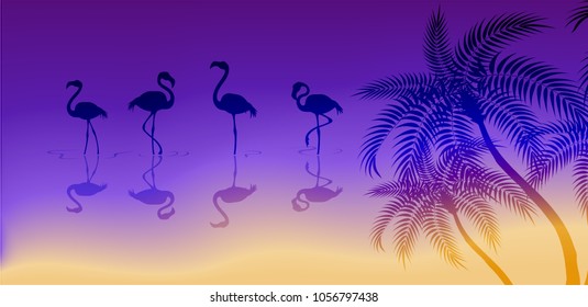 Flamingo birds and tropical Palm trees at sunset