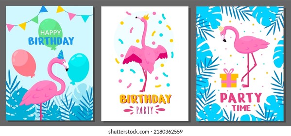 Flamingo birthday card. Happy baby party with cute cartoon print, summer congratulation design background. Tropical cute pink birds and palm leaves, flat style elements. Vector poster set