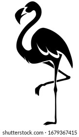 Flamingo black bird silhouette drawn on a white background. Isolated vector. Tattoo, creative logo for a company, emblem for the design of clothes, dishes, paper, cards, books