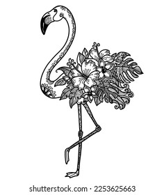 Flamingo black line style. Vector flamingo with tropical flowers decoration isolated on white background for print or coloring book.