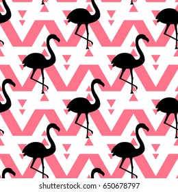 Flamingo black silhouette. Tropical  bird. Seamless pattern. Vector illustration on pink white geometric ornament background. 